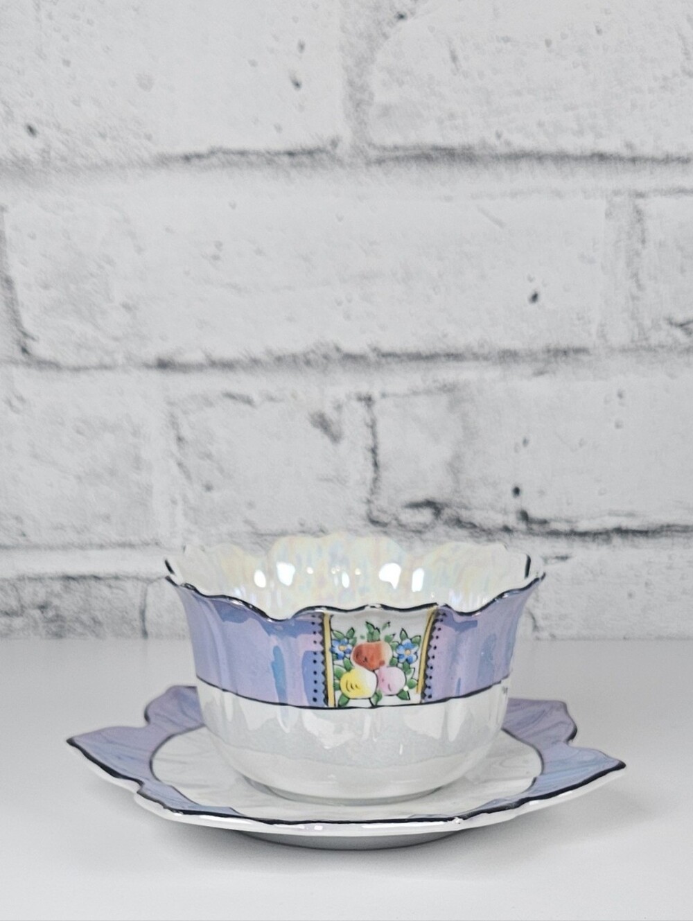 Vintage Japanese Lusterware Bowl Plate Set Floral Purple Iridescent